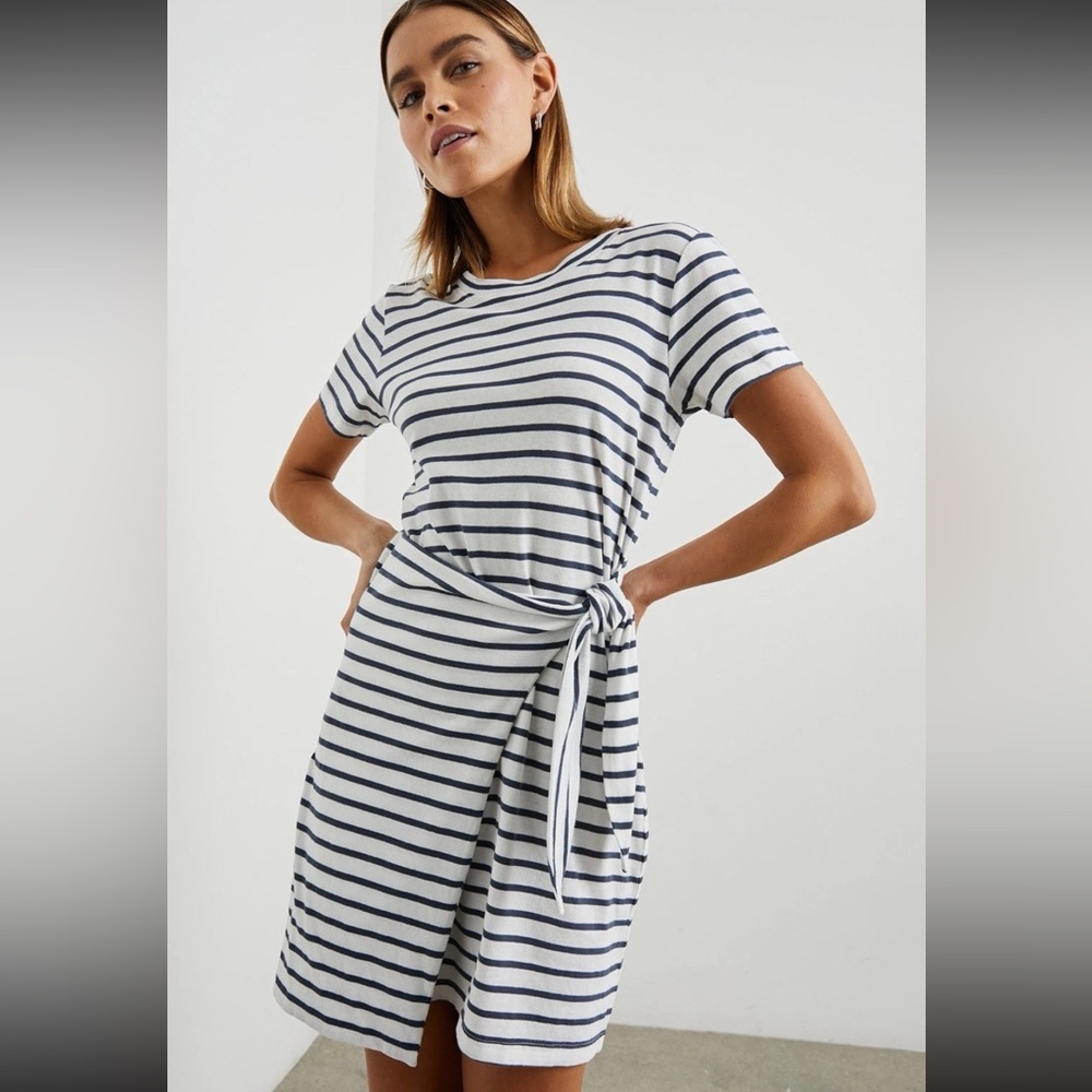 Rails Edie Faux Wrap Mini Jersey T-Shirt Dress Ivory Navy Stripe size Small